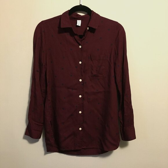 Old Navy Burgundy & Black Polka Dot Button Down Rayon Shirt - XS - Picture 1 of 15
